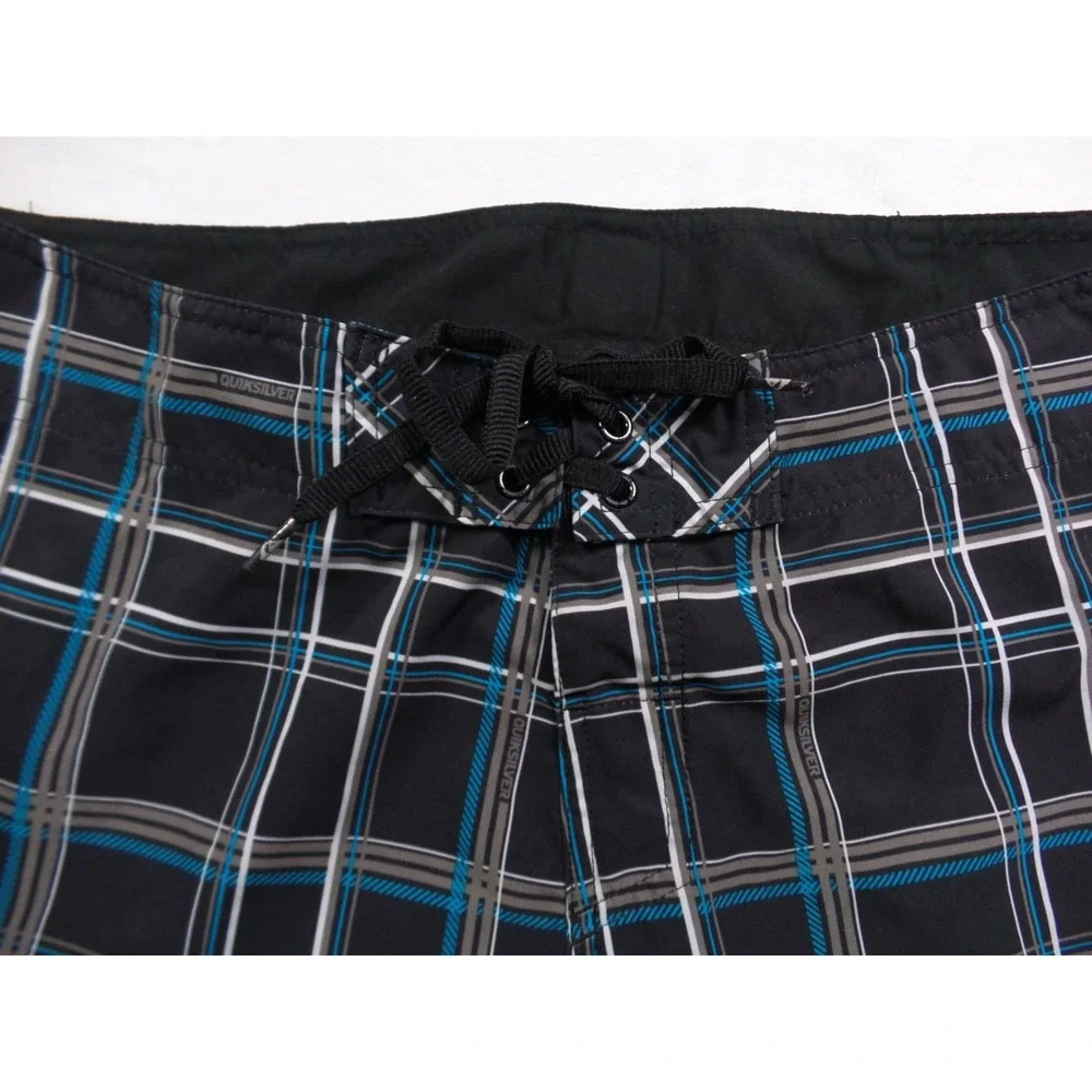 Quiksilver Shorts Mens 33‎ Black Plaid Stretch Boardshorts Pocket Drawstring